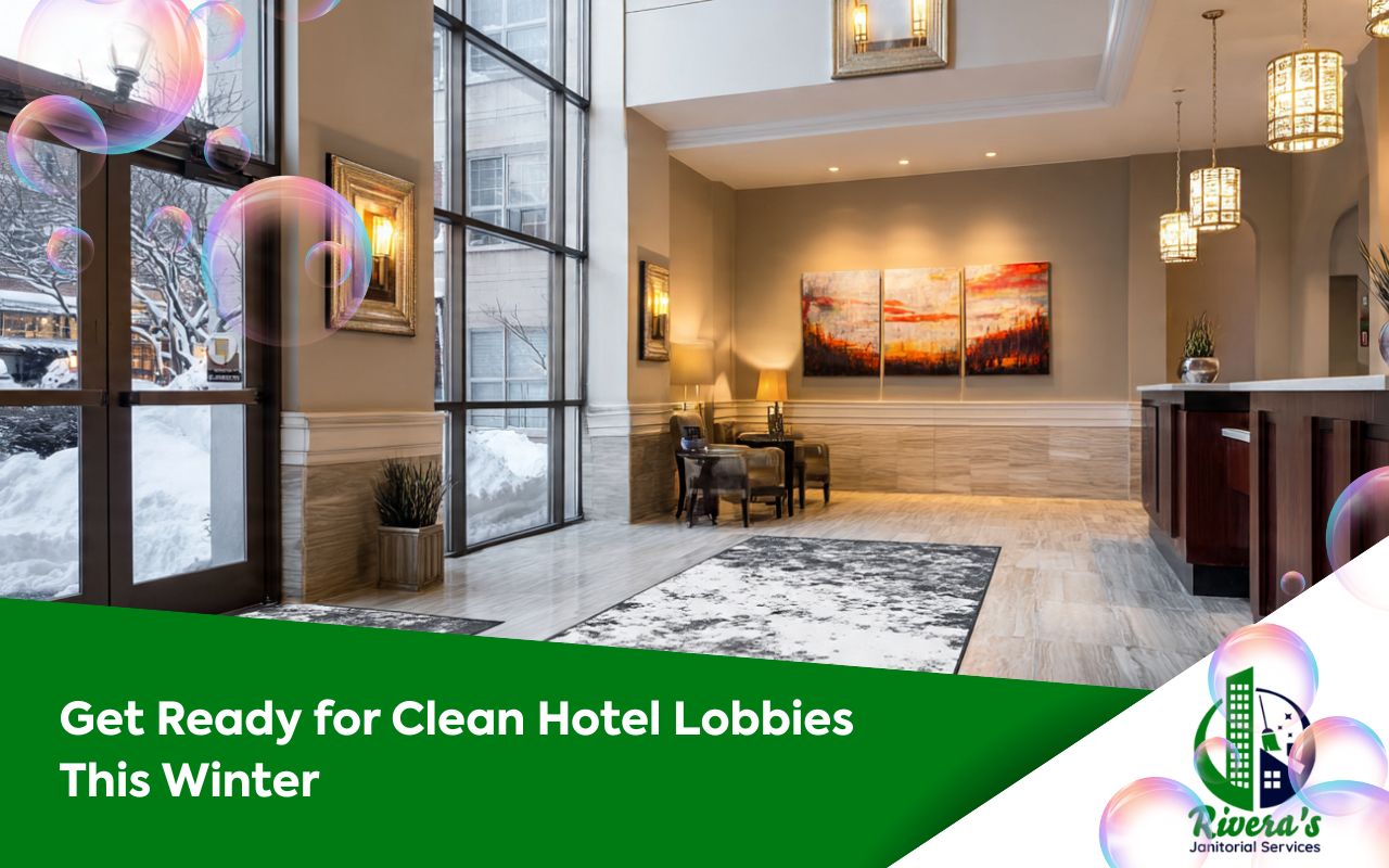 Hotel and Lobby Cleaning in Winter with heavy-duty entry mats capturing slush and mud in a busy lobby