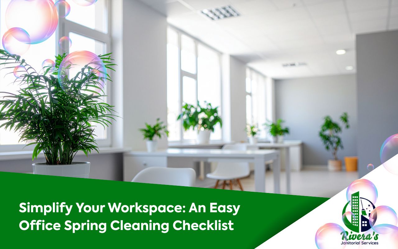 Office spring cleaning checklist steps for a tidy desk and organized supplies.
