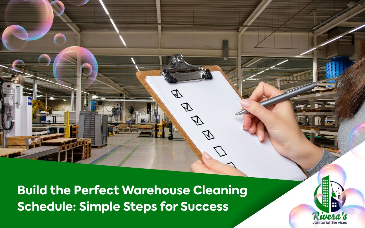Warehouse cleaning schedule checklist on a clipboard in a clean warehouse aisle